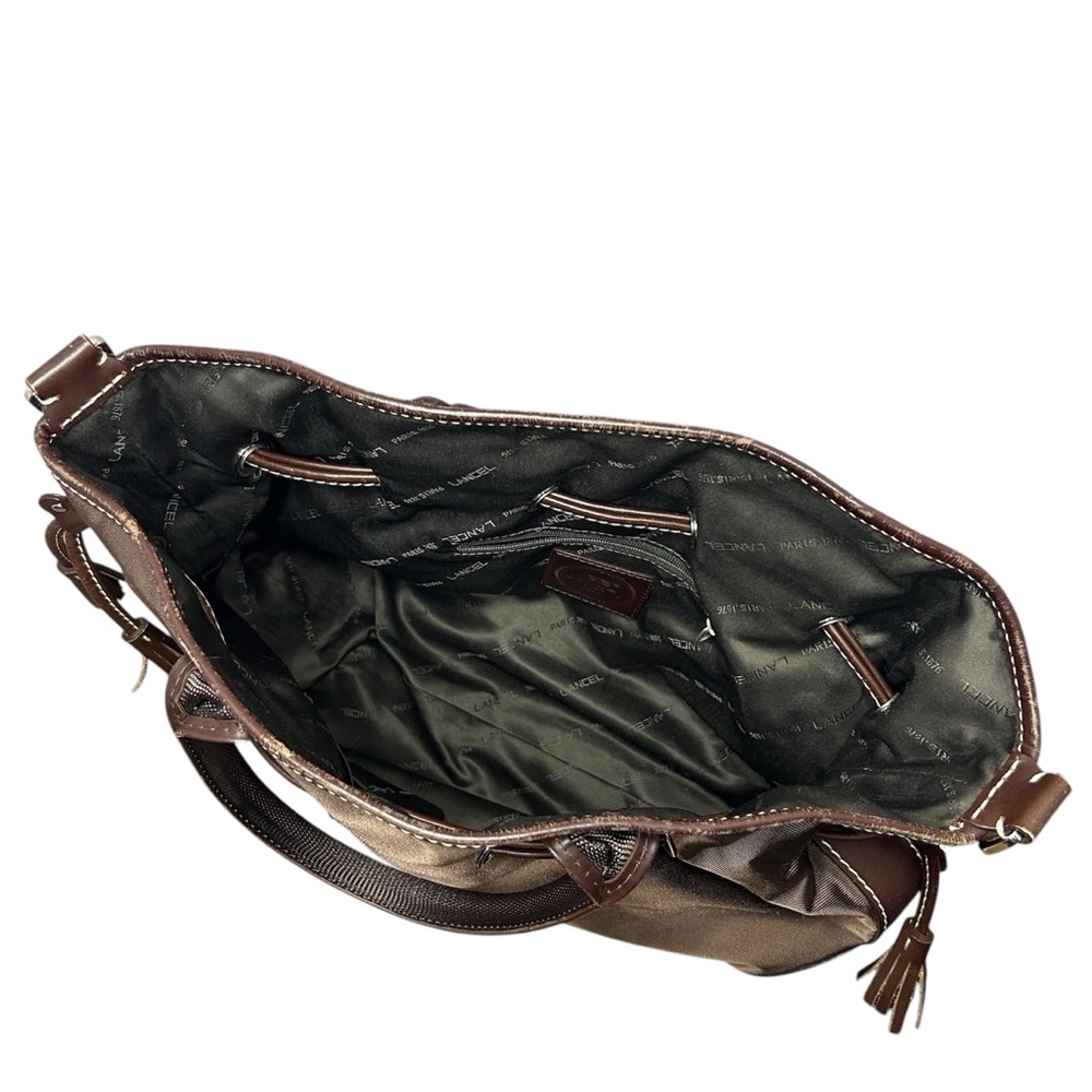 LANCEL PARIS 1876 handbag, nylon leather trim brown with shoulder strap - Picture 12 of 17